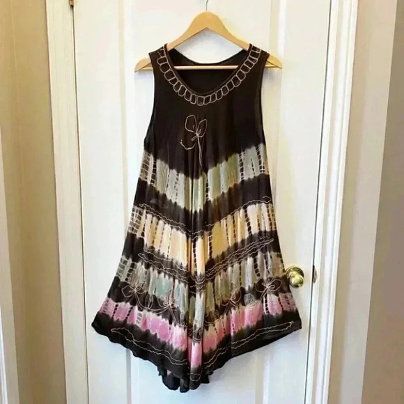 Summer Dress A-Line  Midi Length Tunic Umbrella Sundress Brown Pink Green Medium - Picture 5 of 16